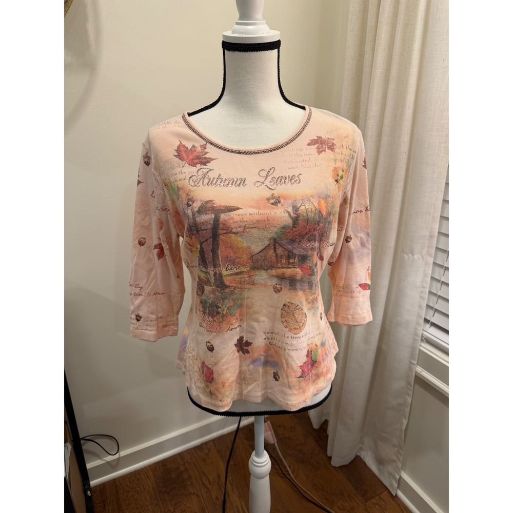 Studio Gem Q Autumn Leaves Rhinestone Graphic Top Peach 3/4 Sleeve Medium